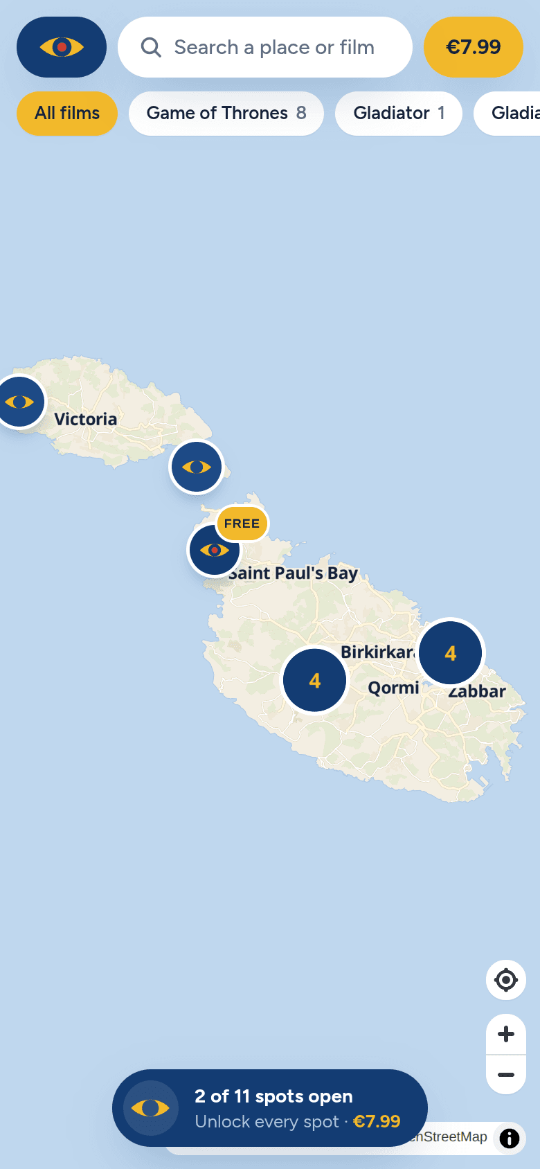 The Malta Film Guide map with film location pins across Malta